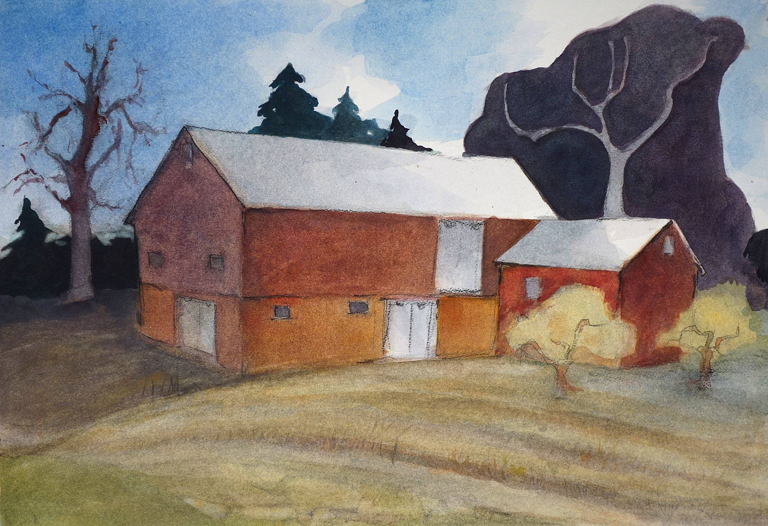 Farm Barns With Dark Trees